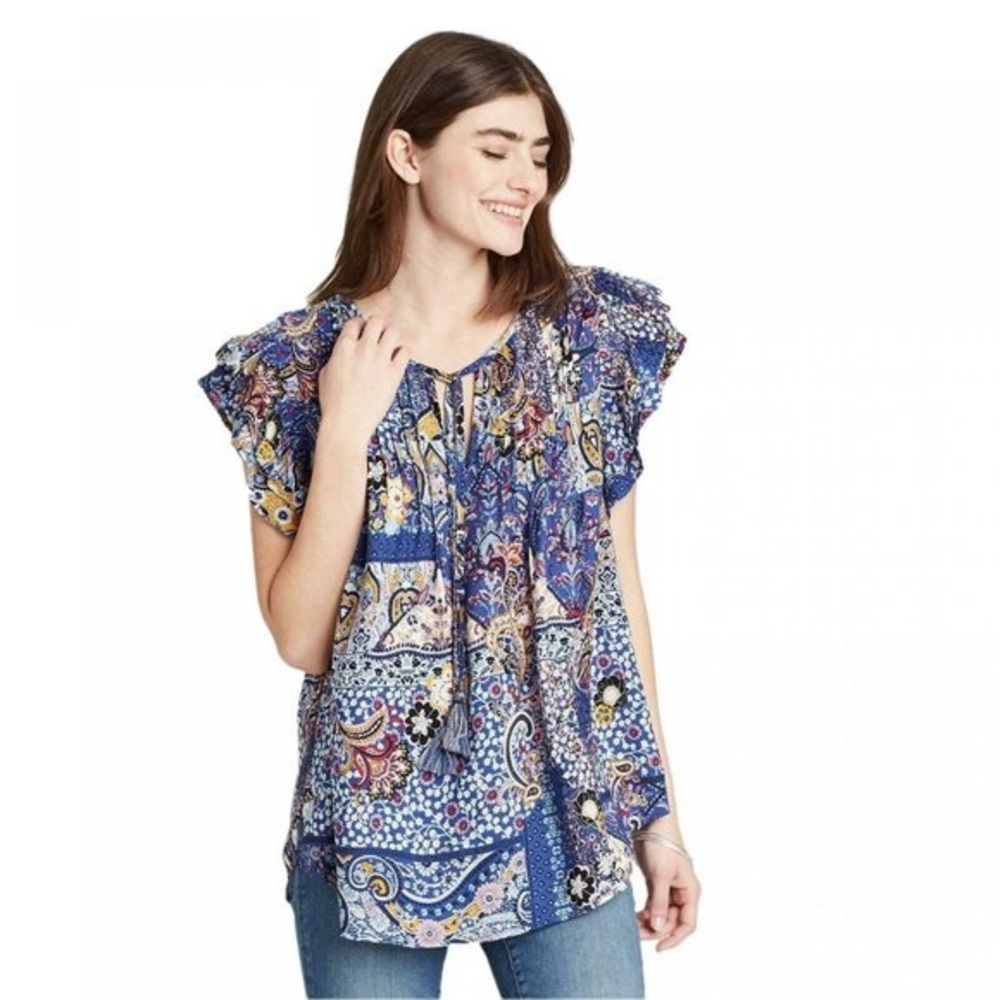 Knox Rose Floral Print Flutter Sleeve Boho Top, M‎